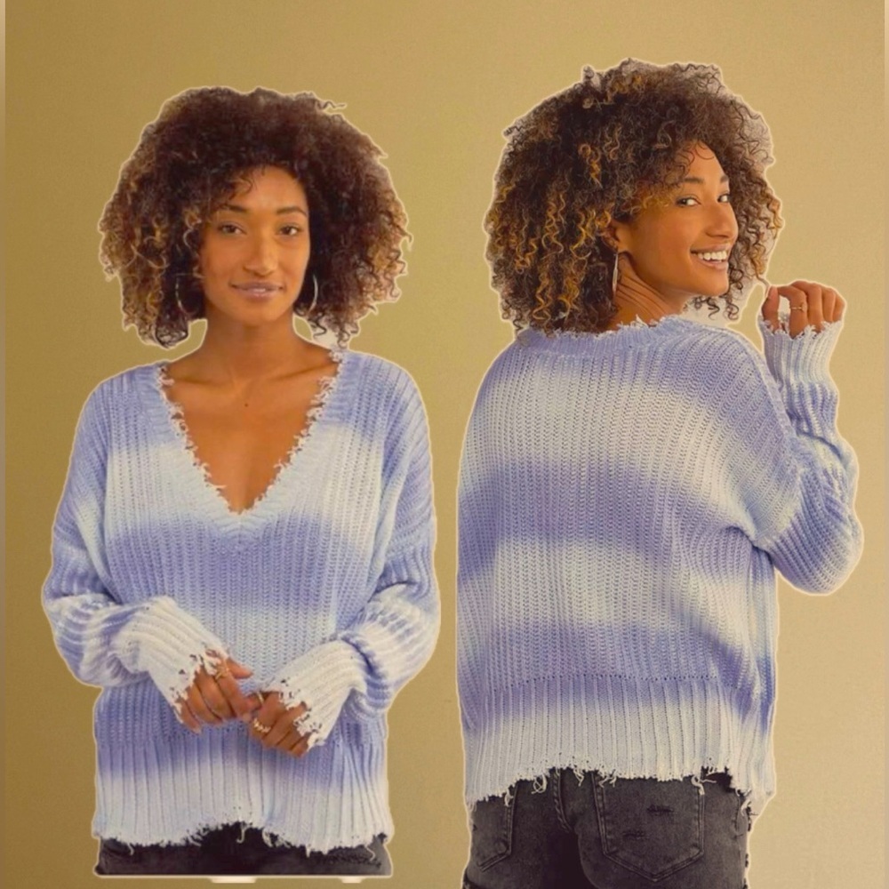 White Crow Periwinkle Raw Edge Fade Ombré Stripe Sweater, size Large